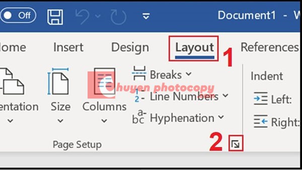 Nhấn vào mũi tên nhỏ ở góc dưới bên phải của mục Page Setup